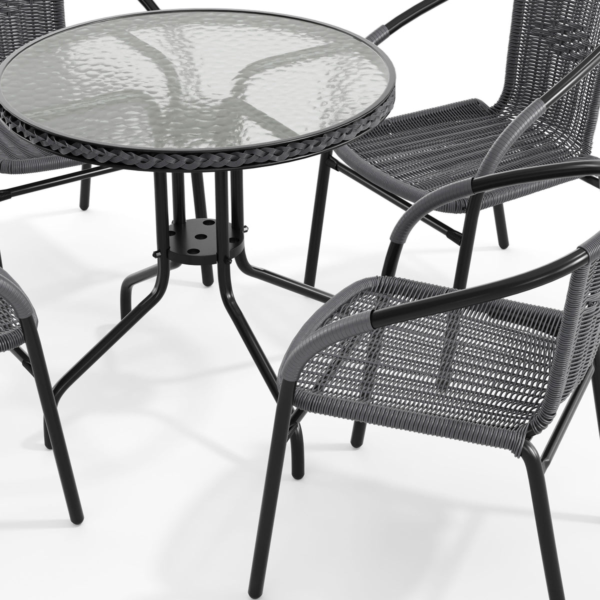 Flash Furniture TLH-087RD-037GY4-GG 28" RD Glass Metal Table with Gray Rattan Edging and 4 Gray Rattan Stack Chairs - View 10