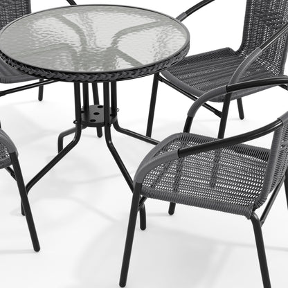Flash Furniture TLH-087RD-037GY4-GG 28" RD Glass Metal Table with Gray Rattan Edging and 4 Gray Rattan Stack Chairs - View 10