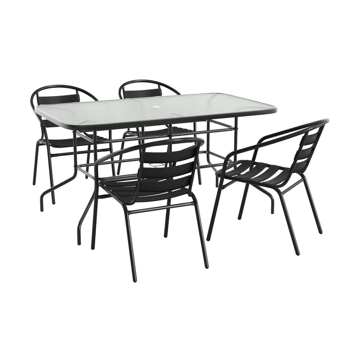 Flash Furniture TLH-089REC-017CBK4-GG 5 Piece Patio Dining Set - 55" Glass Patio Table, 4 Black Aluminum Stack Chairs - Main view