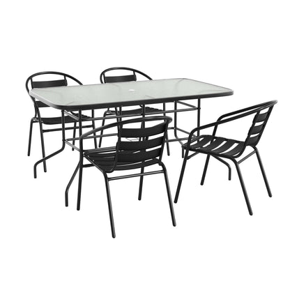 Flash Furniture TLH-089REC-017CBK4-GG 5 Piece Patio Dining Set - 55" Glass Patio Table, 4 Black Aluminum Stack Chairs - Main view
