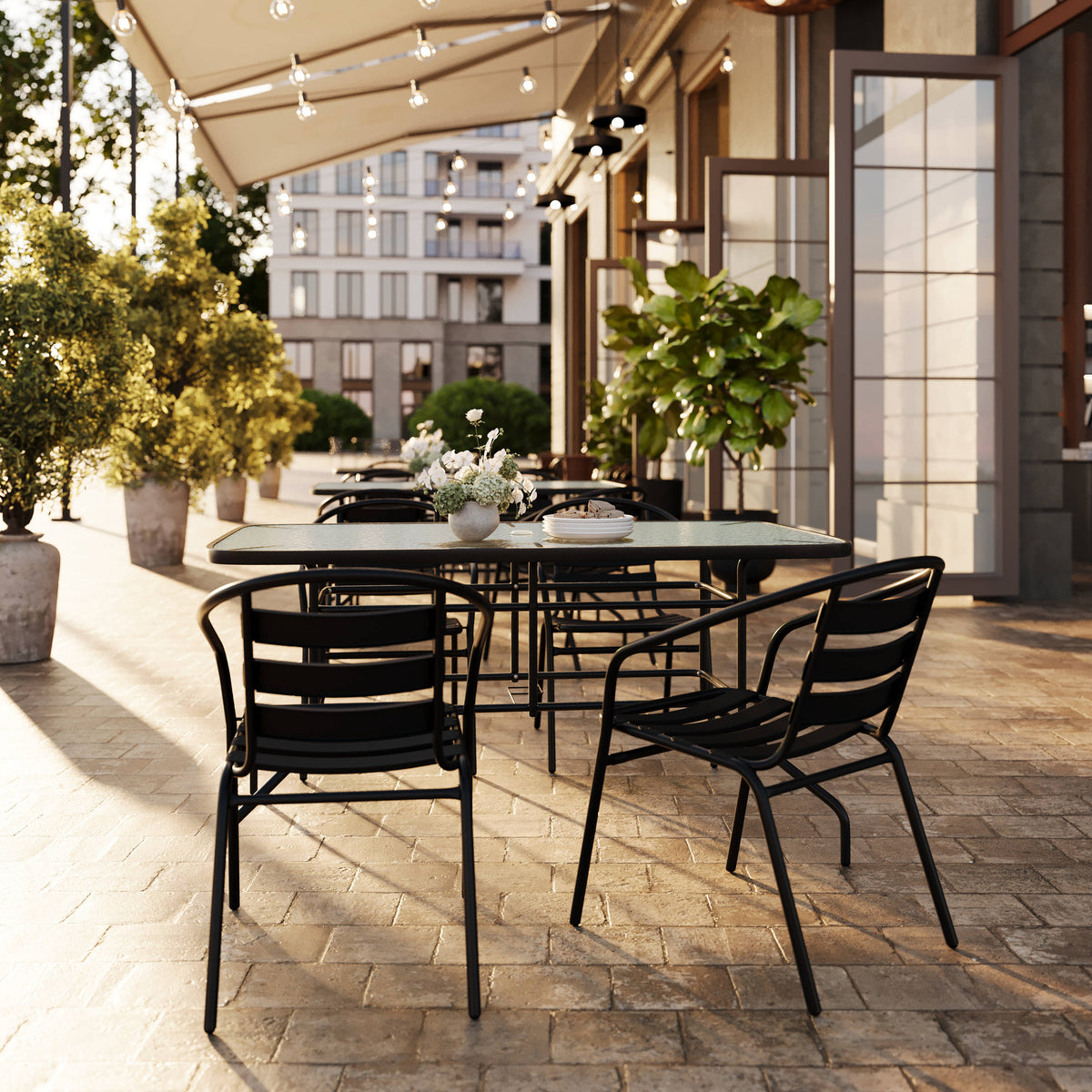 Flash Furniture TLH-089REC-017CBK4-GG 5 Piece Patio Dining Set - 55" Glass Patio Table, 4 Black Aluminum Stack Chairs - View 2