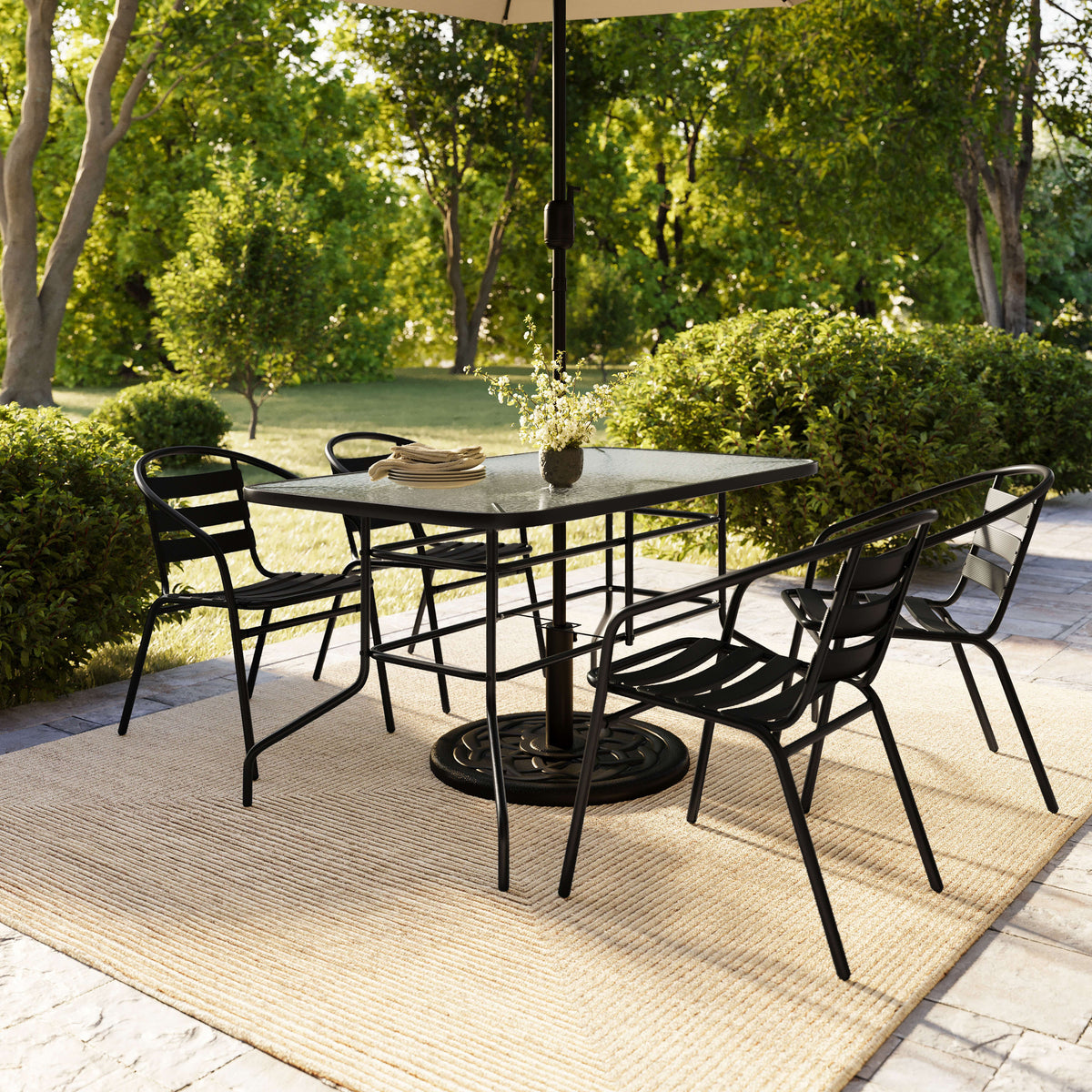 Flash Furniture TLH-089REC-017CBK4-GG 5 Piece Patio Dining Set - 55" Glass Patio Table, 4 Black Aluminum Stack Chairs - View 8