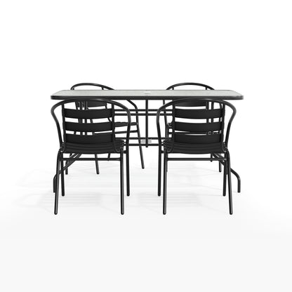 Flash Furniture TLH-089REC-017CBK4-GG 5 Piece Patio Dining Set - 55" Glass Patio Table, 4 Black Aluminum Stack Chairs - View 9