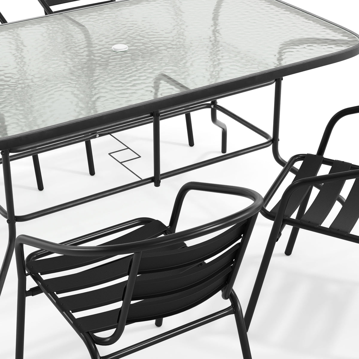 Flash Furniture TLH-089REC-017CBK4-GG 5 Piece Patio Dining Set - 55" Glass Patio Table, 4 Black Aluminum Stack Chairs - View 10