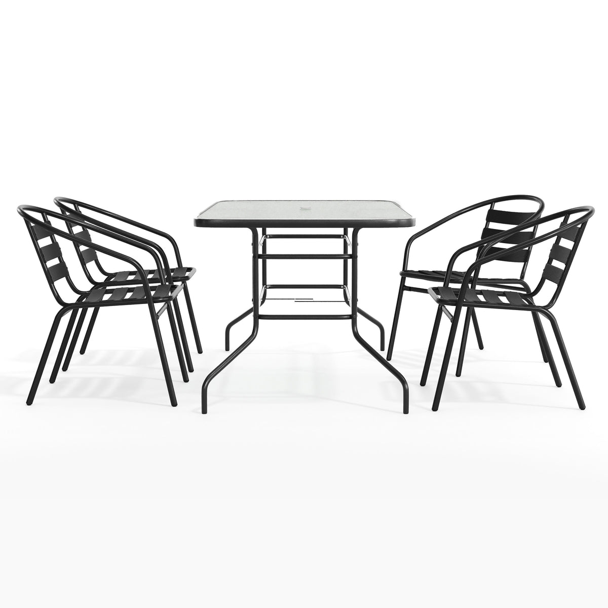 Flash Furniture TLH-089REC-017CBK4-GG 5 Piece Patio Dining Set - 55" Glass Patio Table, 4 Black Aluminum Stack Chairs - View 11