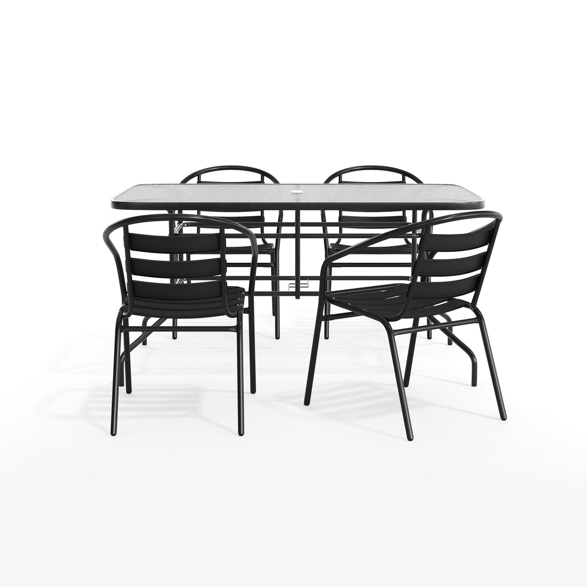 Flash Furniture TLH-089REC-017CBK4-GG 5 Piece Patio Dining Set - 55" Glass Patio Table, 4 Black Aluminum Stack Chairs - View 12