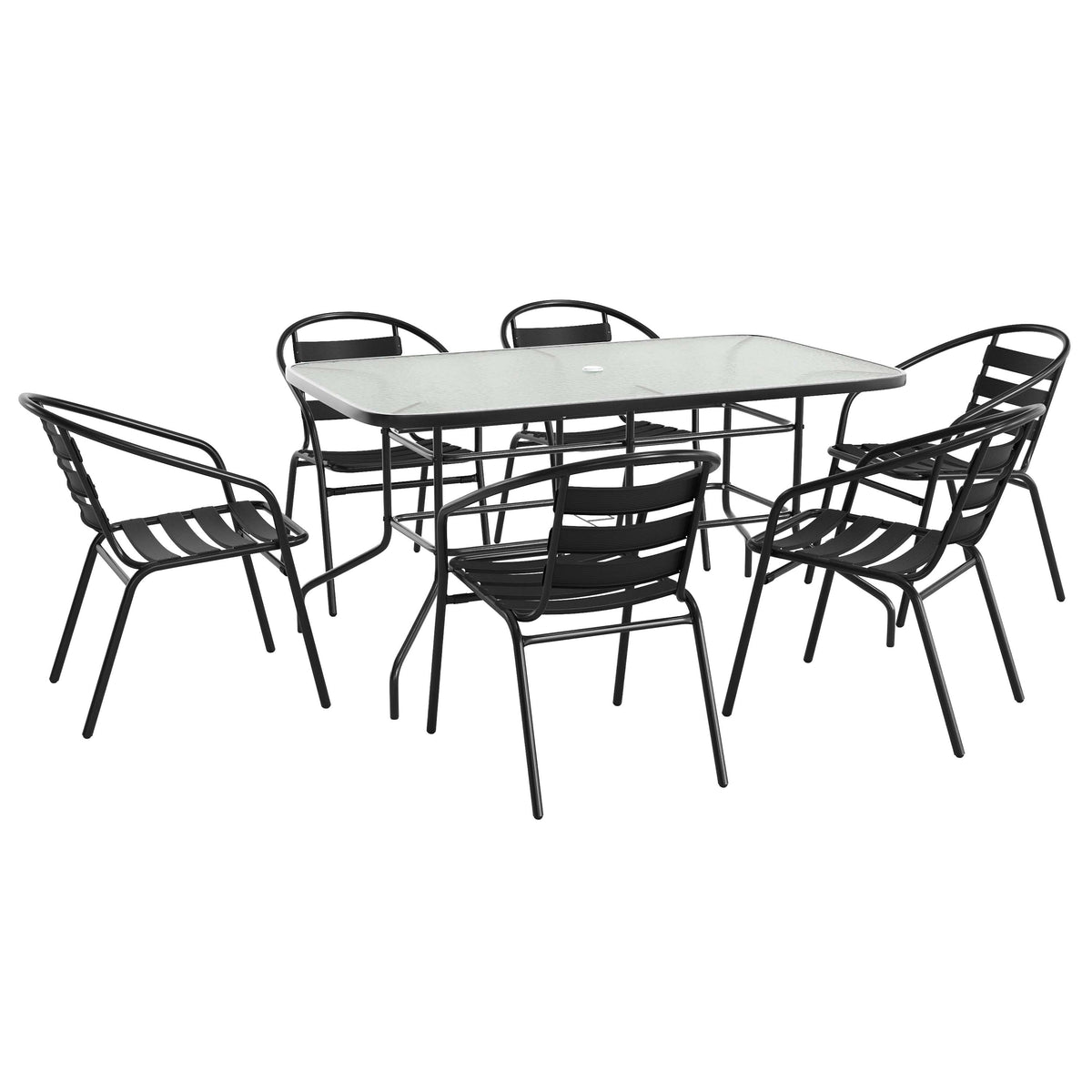 Flash Furniture TLH-089REC-017CBK6-GG 7 Piece Patio Dining Set - 55" Glass Patio Table, 6 Black Aluminum Stack Chairs - Main view
