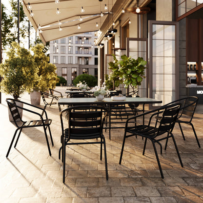 Flash Furniture TLH-089REC-017CBK6-GG 7 Piece Patio Dining Set - 55" Glass Patio Table, 6 Black Aluminum Stack Chairs - View 2