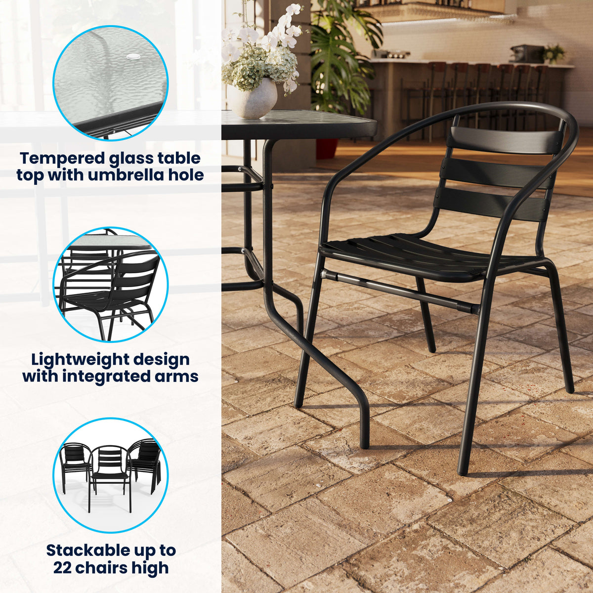 Flash Furniture TLH-089REC-017CBK6-GG 7 Piece Patio Dining Set - 55" Glass Patio Table, 6 Black Aluminum Stack Chairs - View 3