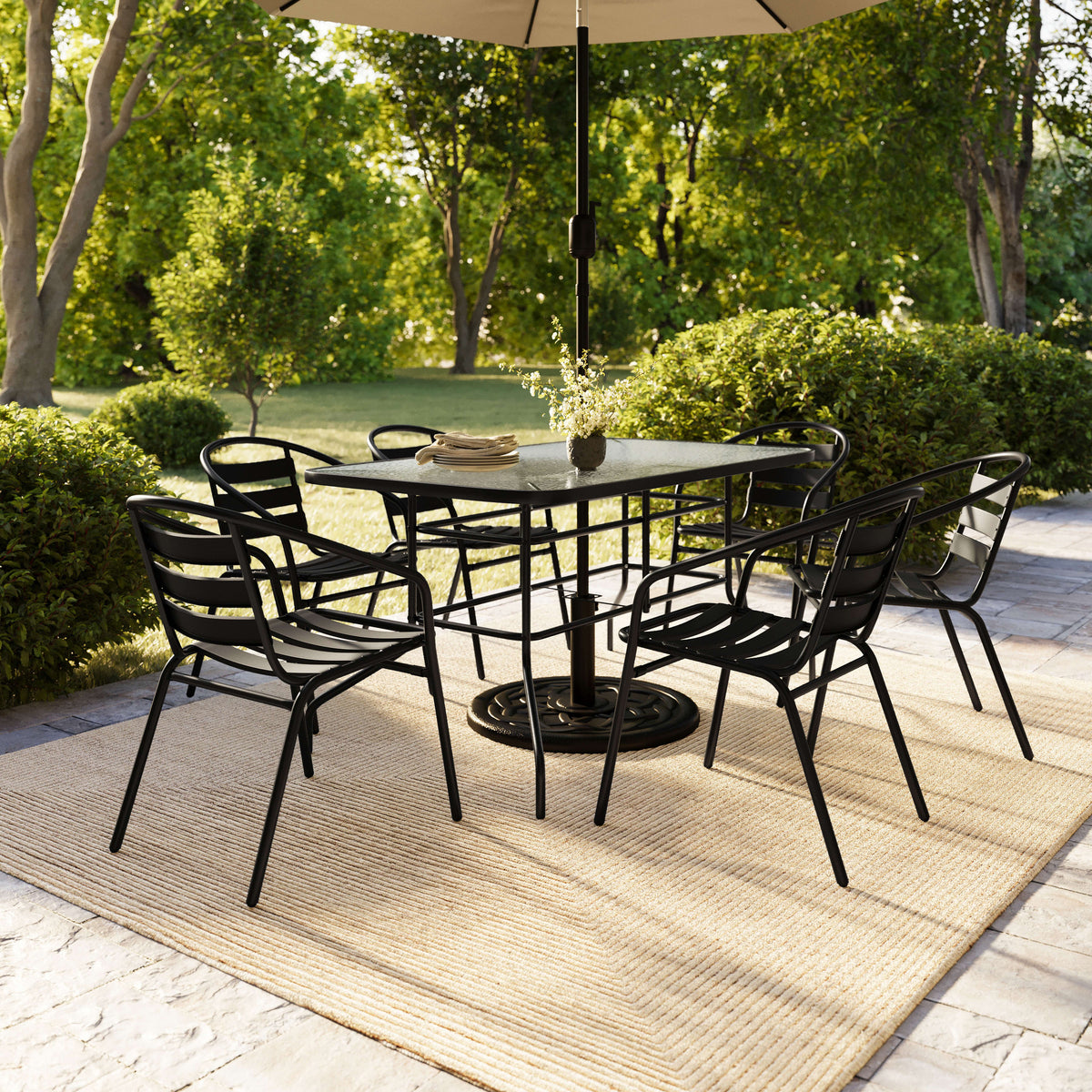 Flash Furniture TLH-089REC-017CBK6-GG 7 Piece Patio Dining Set - 55" Glass Patio Table, 6 Black Aluminum Stack Chairs - View 8