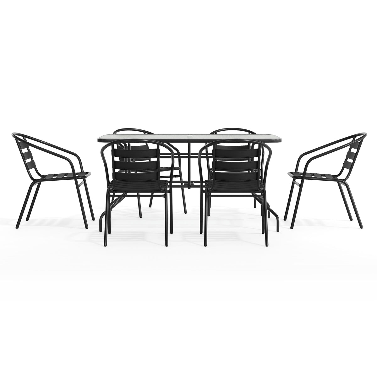 Flash Furniture TLH-089REC-017CBK6-GG 7 Piece Patio Dining Set - 55" Glass Patio Table, 6 Black Aluminum Stack Chairs - View 9