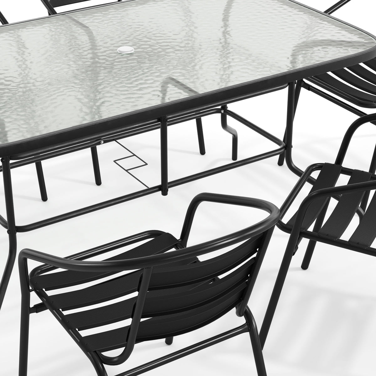 Flash Furniture TLH-089REC-017CBK6-GG 7 Piece Patio Dining Set - 55" Glass Patio Table, 6 Black Aluminum Stack Chairs - View 10