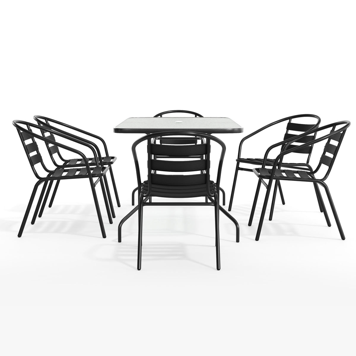 Flash Furniture TLH-089REC-017CBK6-GG 7 Piece Patio Dining Set - 55" Glass Patio Table, 6 Black Aluminum Stack Chairs - View 11