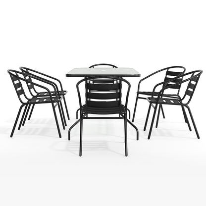 Flash Furniture TLH-089REC-017CBK6-GG 7 Piece Patio Dining Set - 55" Glass Patio Table, 6 Black Aluminum Stack Chairs - View 11