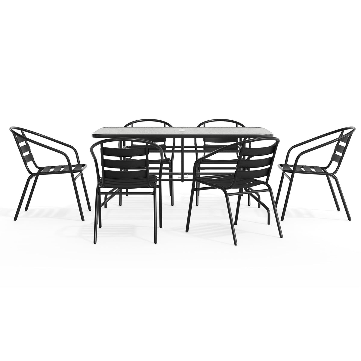 Flash Furniture TLH-089REC-017CBK6-GG 7 Piece Patio Dining Set - 55" Glass Patio Table, 6 Black Aluminum Stack Chairs - View 12