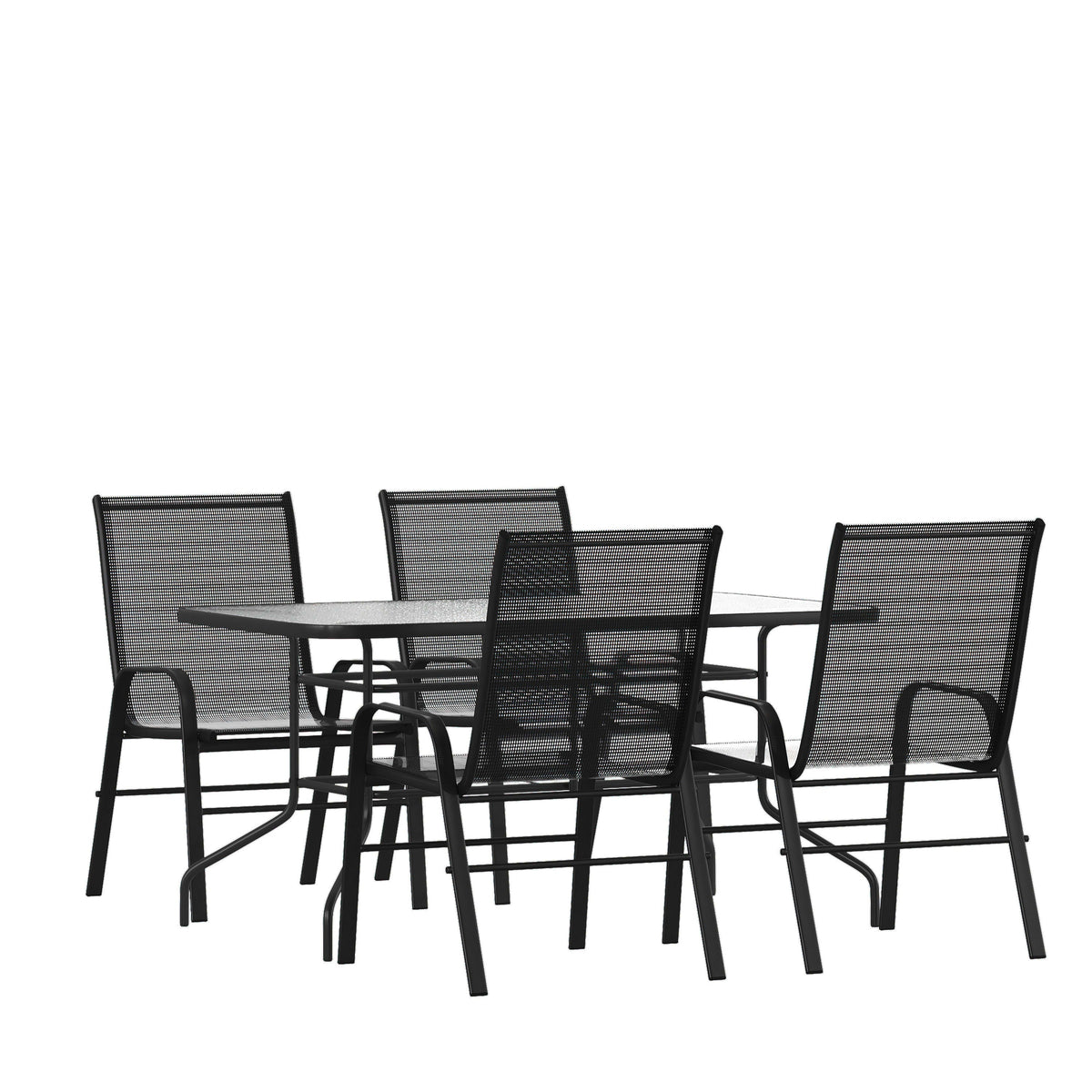 Flash Furniture TLH-089REC-303CBK4-GG 5 Piece Patio Dining Set - 55" Glass Patio Table, 4 Black Flex Stack Chairs - Main view
