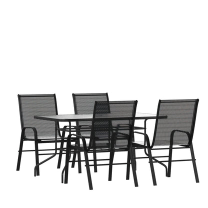 Flash Furniture TLH-089REC-303CBK4-GG 5 Piece Patio Dining Set - 55" Glass Patio Table, 4 Black Flex Stack Chairs - Main view