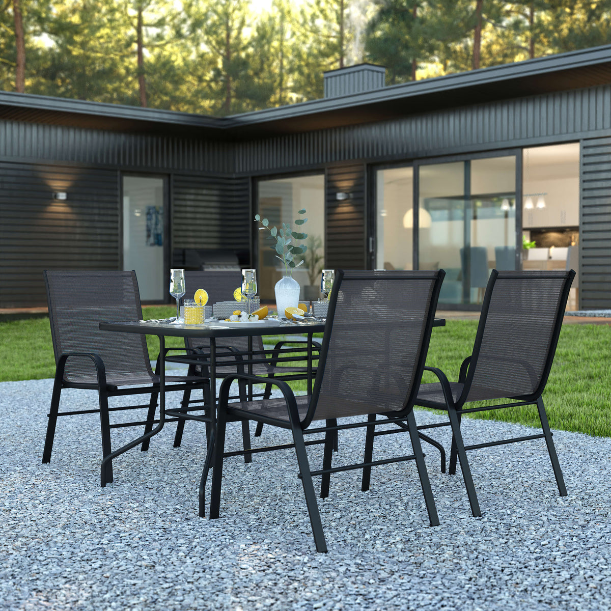 Flash Furniture TLH-089REC-303CBK4-GG 5 Piece Patio Dining Set - 55" Glass Patio Table, 4 Black Flex Stack Chairs - View 2