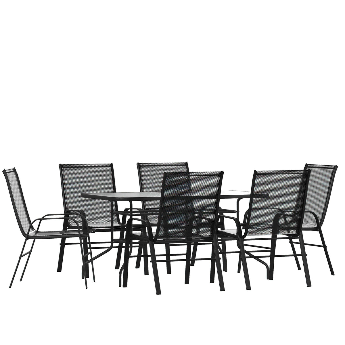 Flash Furniture TLH-089REC-303CBK6-GG 7 Piece Patio Dining Set - 55" Glass Patio Table, 6 Black Flex Stack Chairs - Main view