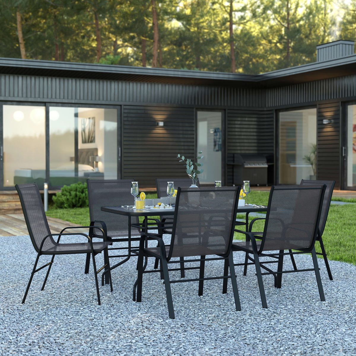 Flash Furniture TLH-089REC-303CBK6-GG 7 Piece Patio Dining Set - 55" Glass Patio Table, 6 Black Flex Stack Chairs - View 2