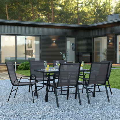 Flash Furniture TLH-089REC-303CBK6-GG 7 Piece Patio Dining Set - 55" Glass Patio Table, 6 Black Flex Stack Chairs - View 2