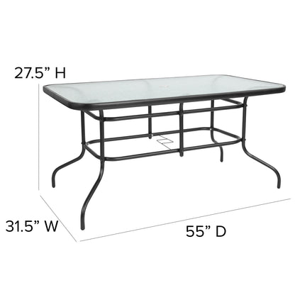 Flash Furniture TLH-089REC-303CBK6-GG 7 Piece Patio Dining Set - 55" Glass Patio Table, 6 Black Flex Stack Chairs - View 5
