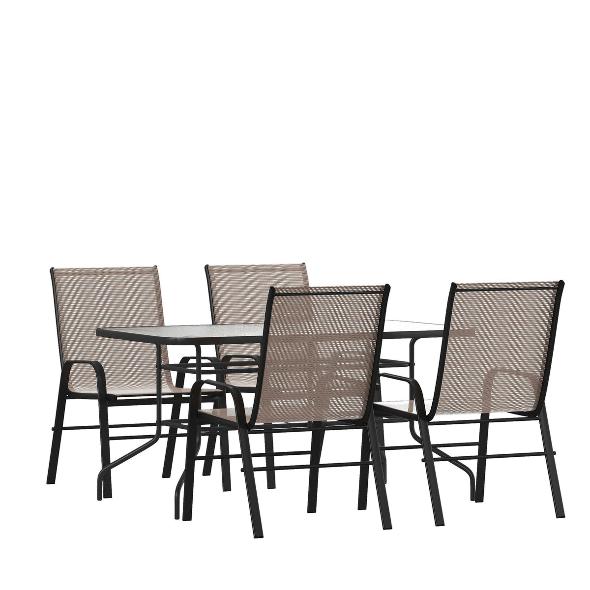 Flash Furniture TLH-089REC-303CBN4-GG 5 Piece Patio Dining Set - 55" Glass Patio Table, 4 Brown Flex Stack Chairs - Main view