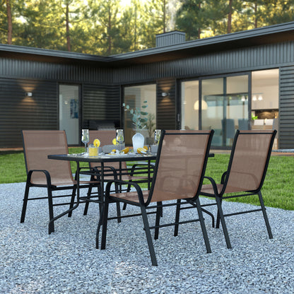 Flash Furniture TLH-089REC-303CBN4-GG 5 Piece Patio Dining Set - 55" Glass Patio Table, 4 Brown Flex Stack Chairs - View 2