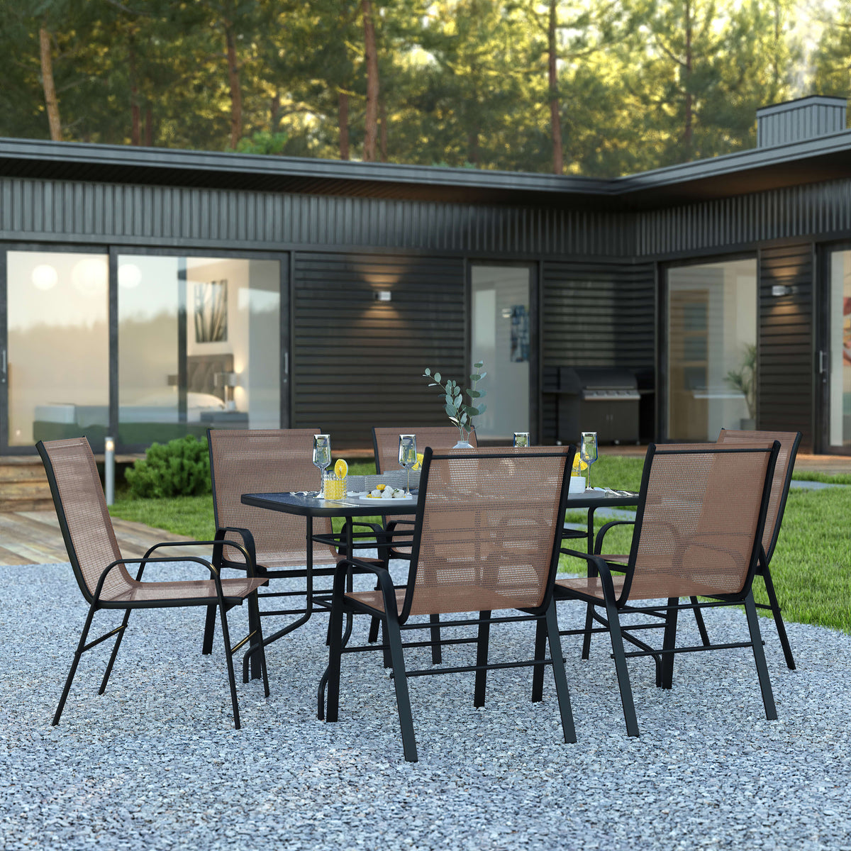 Flash Furniture TLH-089REC-303CBN6-GG 7 Piece Patio Dining Set - 55" Glass Patio Table, 6 Brown Flex Stack Chairs - View 2