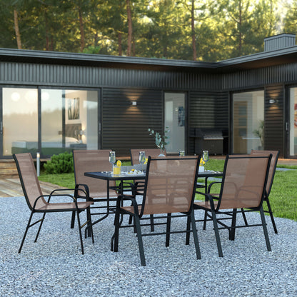 Flash Furniture TLH-089REC-303CBN6-GG 7 Piece Patio Dining Set - 55" Glass Patio Table, 6 Brown Flex Stack Chairs - View 2