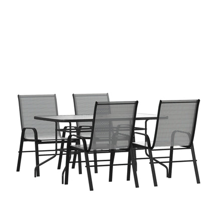 Flash Furniture TLH-089REC-303CGY4-GG 5 Piece Patio Dining Set - 55" Glass Patio Table, 4 Gray Flex Stack Chairs - Main view