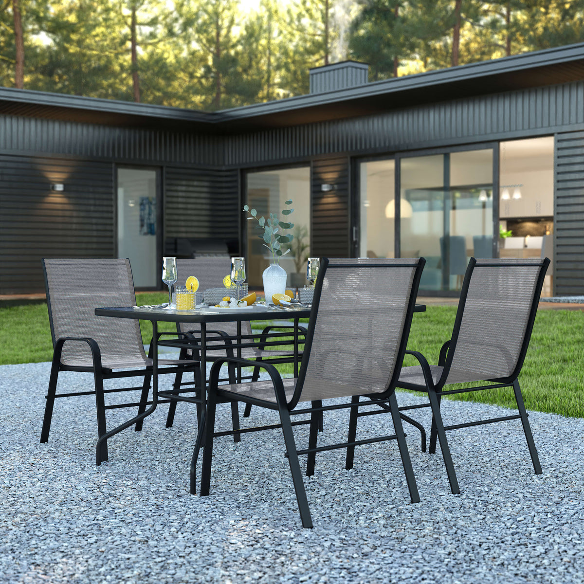 Flash Furniture TLH-089REC-303CGY4-GG 5 Piece Patio Dining Set - 55" Glass Patio Table, 4 Gray Flex Stack Chairs - View 2