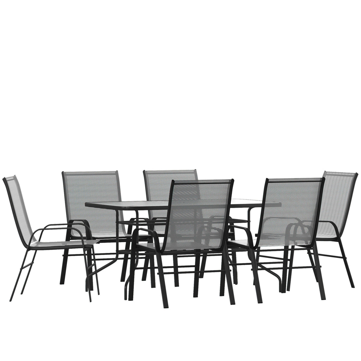 Flash Furniture TLH-089REC-303CGY6-GG 7 Piece Patio Dining Set - 55" Glass Patio Table, 6 Gray Flex Stack Chairs - Main view