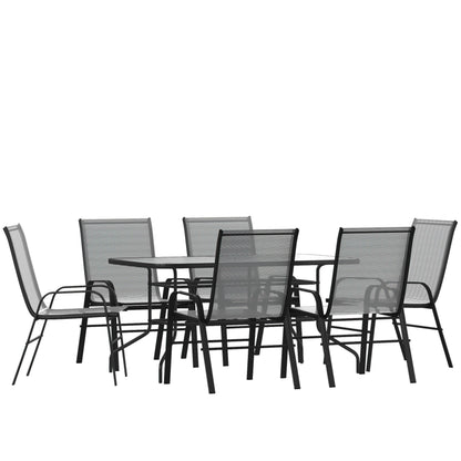 Flash Furniture TLH-089REC-303CGY6-GG 7 Piece Patio Dining Set - 55" Glass Patio Table, 6 Gray Flex Stack Chairs - Main view