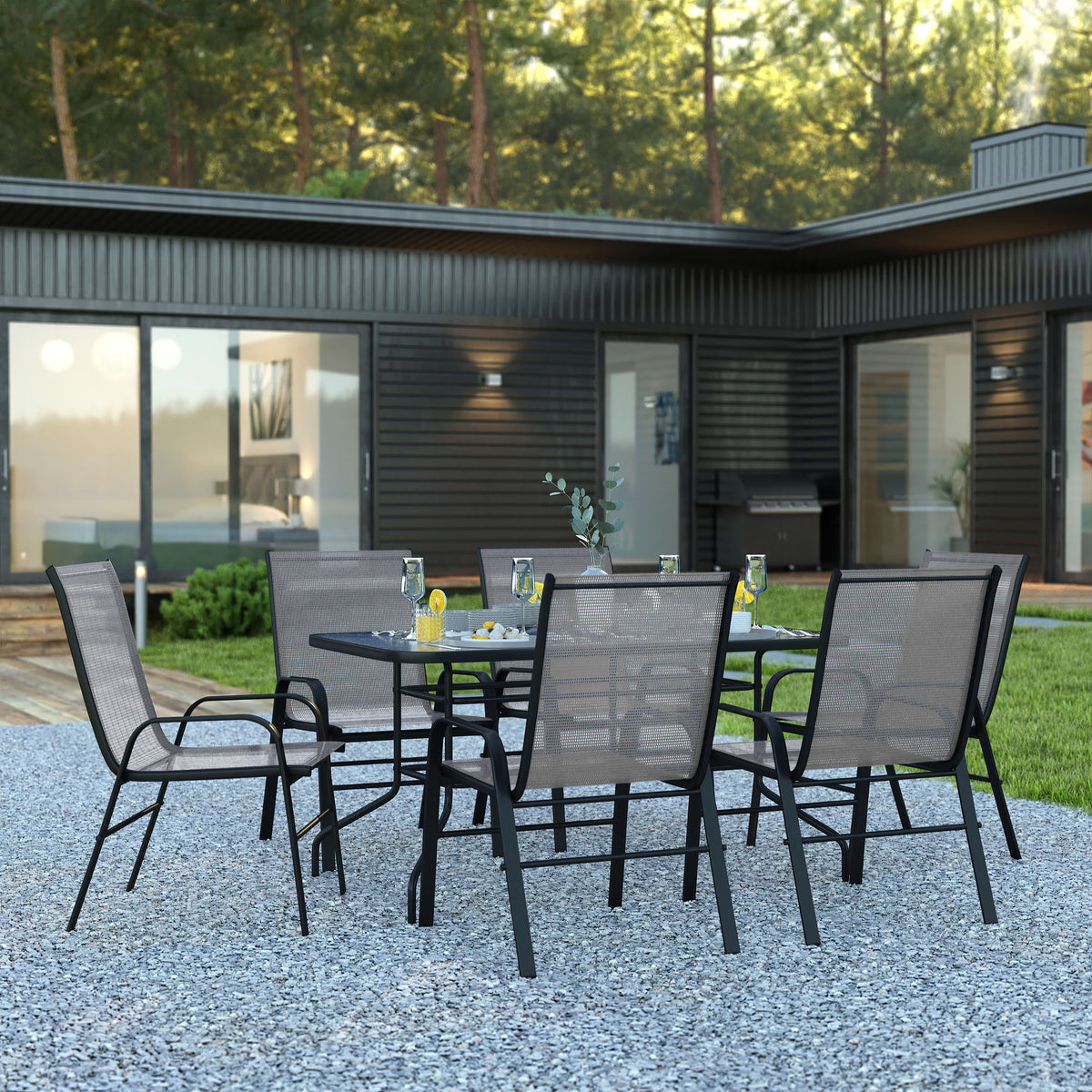 Flash Furniture TLH-089REC-303CGY6-GG 7 Piece Patio Dining Set - 55" Glass Patio Table, 6 Gray Flex Stack Chairs - View 2