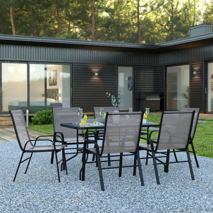 Flash Furniture TLH-089REC-303CGY6-GG 7 Piece Patio Dining Set - 55" Glass Patio Table, 6 Gray Flex Stack Chairs - View 2