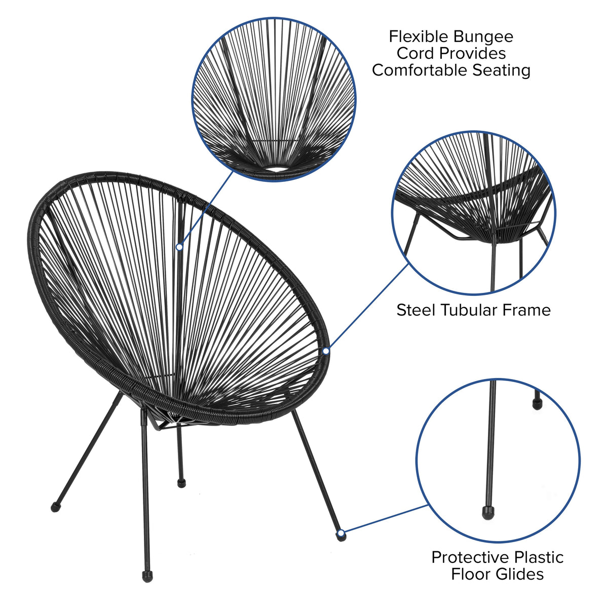 Flash Furniture TLH-094-BLACK-GG Black Papasan Oval Woven Basket Bungee Lounge Chair - Indoor/Outdoor Furniture - View 3