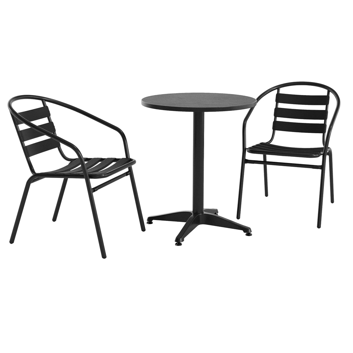 Flash Furniture TLH-ALUM-24RD-017BK2-GG Modern 23.5" Round Glass Framed Glass Table with 2 Black Slat Back Chairs - Main view