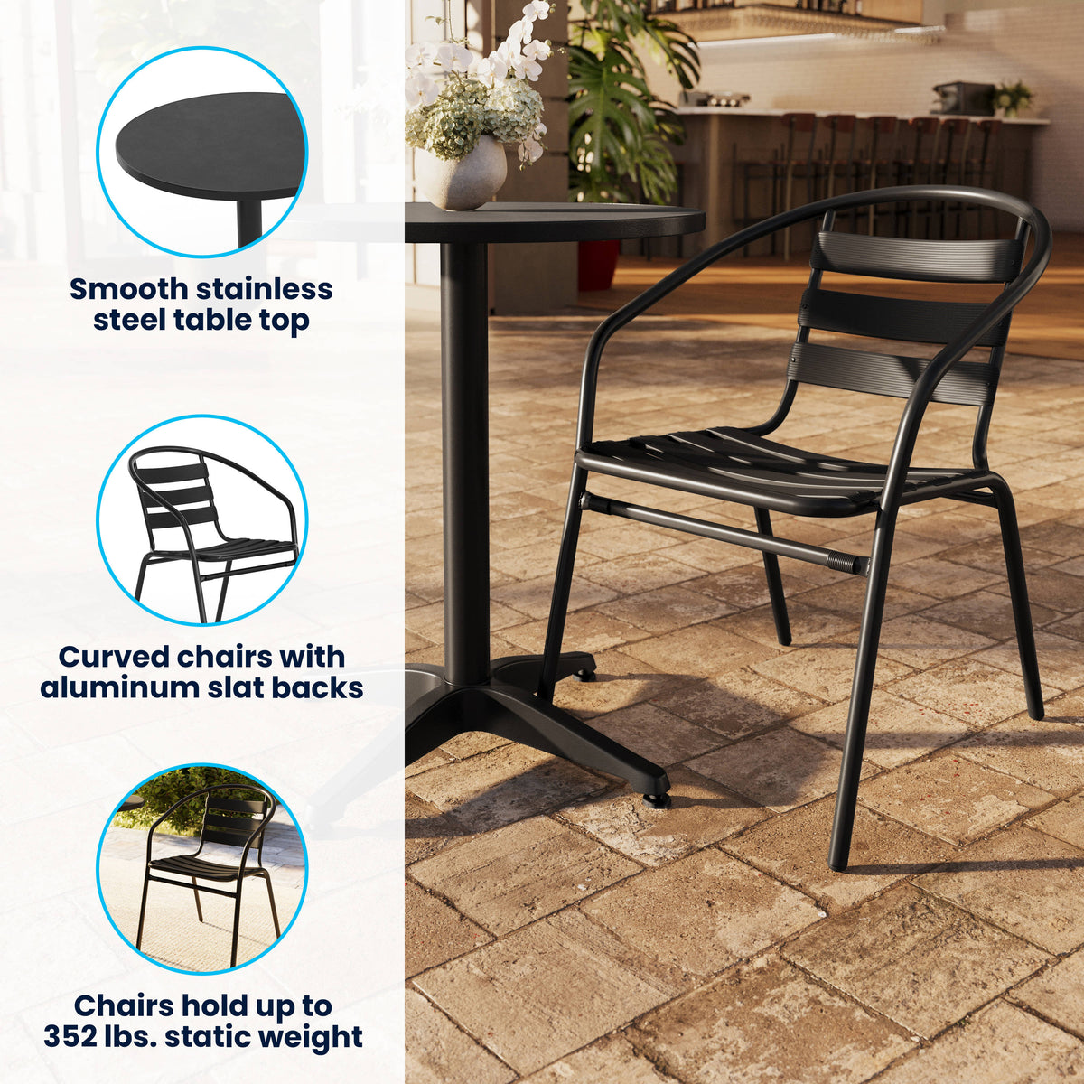 Flash Furniture TLH-ALUM-24RD-017BK2-GG Modern 23.5" Round Glass Framed Glass Table with 2 Black Slat Back Chairs - View 3