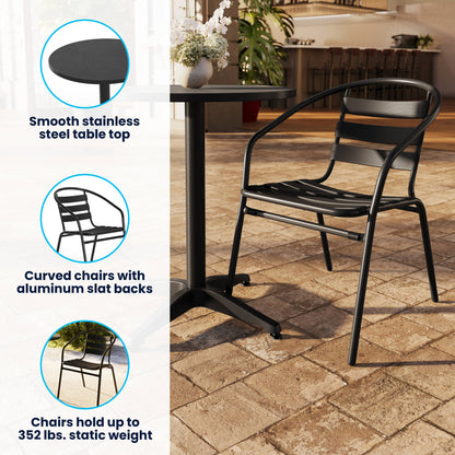 Flash Furniture TLH-ALUM-24RD-017BK2-GG Modern 23.5" Round Glass Framed Glass Table with 2 Black Slat Back Chairs - View 3