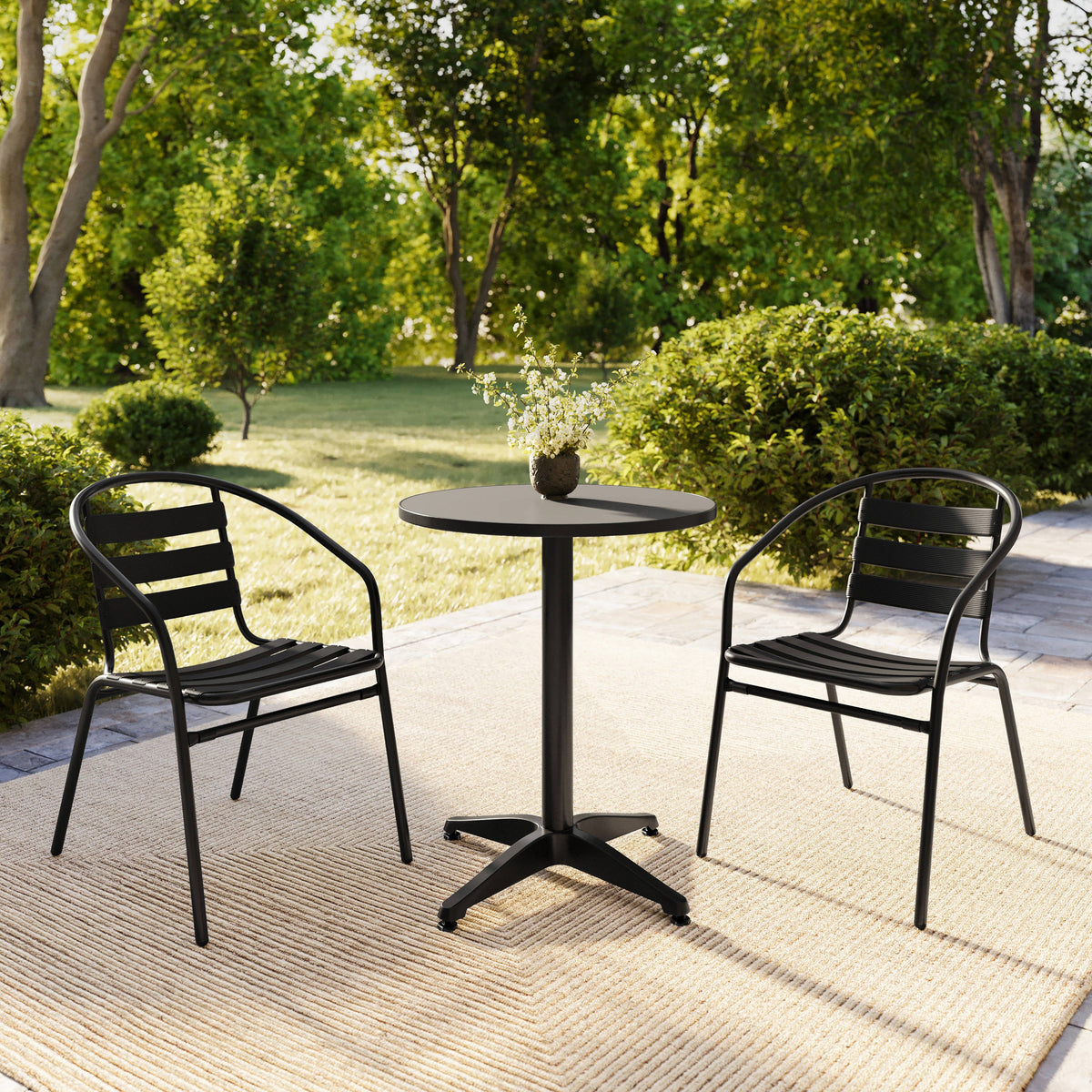 Flash Furniture TLH-ALUM-24RD-017BK2-GG Modern 23.5" Round Glass Framed Glass Table with 2 Black Slat Back Chairs - View 8