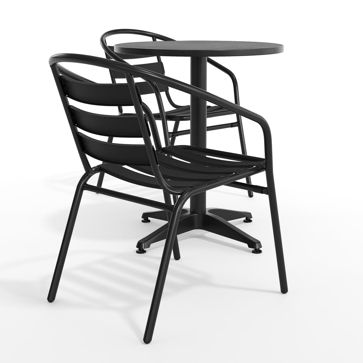 Flash Furniture TLH-ALUM-24RD-017BK2-GG Modern 23.5" Round Glass Framed Glass Table with 2 Black Slat Back Chairs - View 11