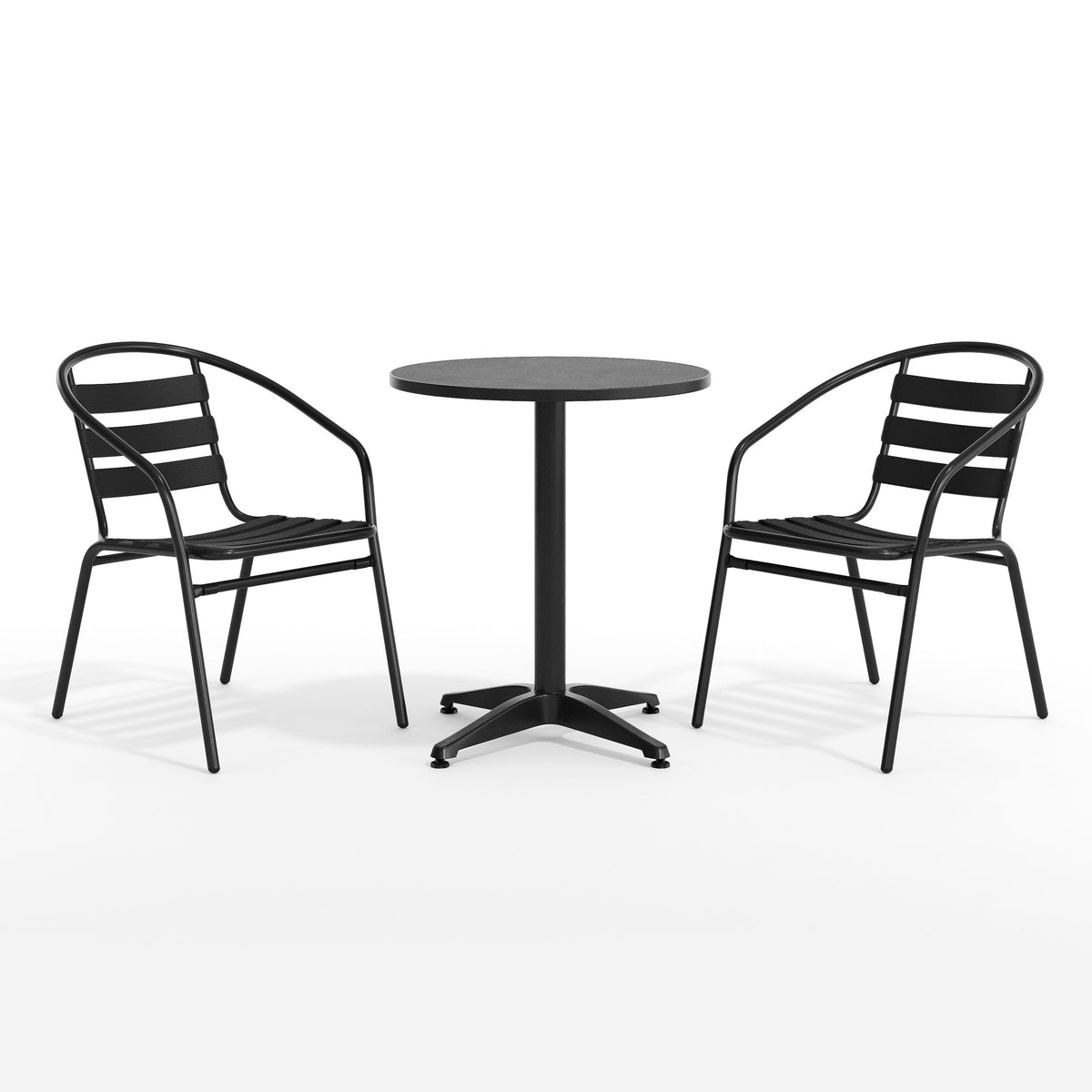 Flash Furniture TLH-ALUM-24RD-017BK2-GG Modern 23.5" Round Glass Framed Glass Table with 2 Black Slat Back Chairs - View 12