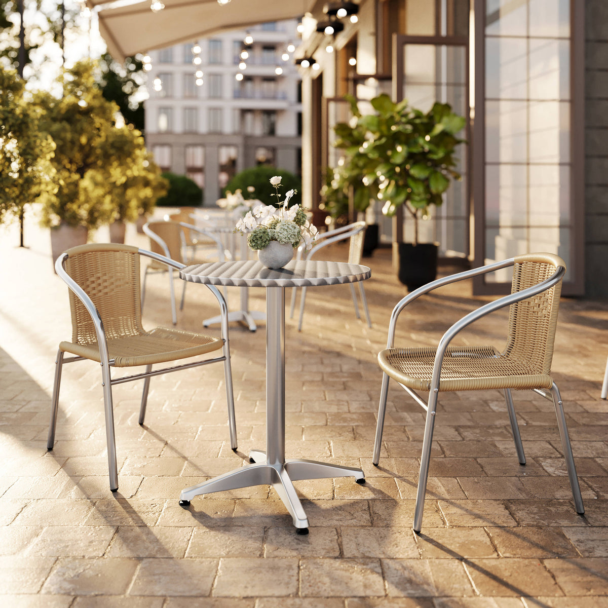 Flash Furniture TLH-ALUM-24RD-020BGECHR2-GG 23.5" Round Aluminum Indoor-Outdoor Table Set with 2 Beige Rattan Chairs - View 2