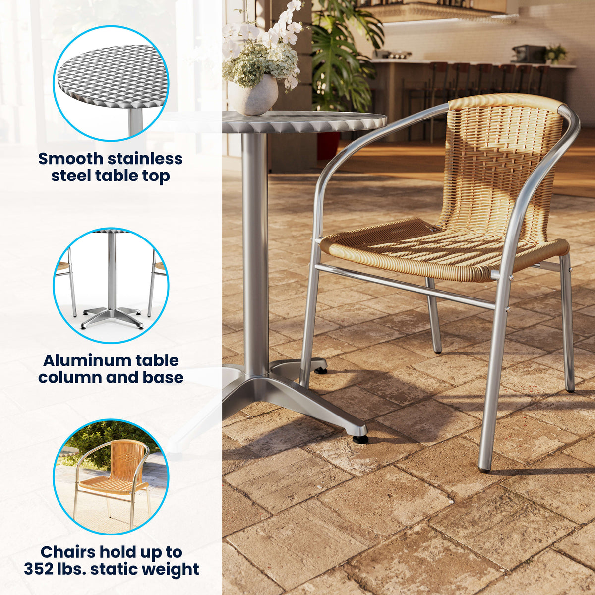 Flash Furniture TLH-ALUM-24RD-020BGECHR2-GG 23.5" Round Aluminum Indoor-Outdoor Table Set with 2 Beige Rattan Chairs - View 3