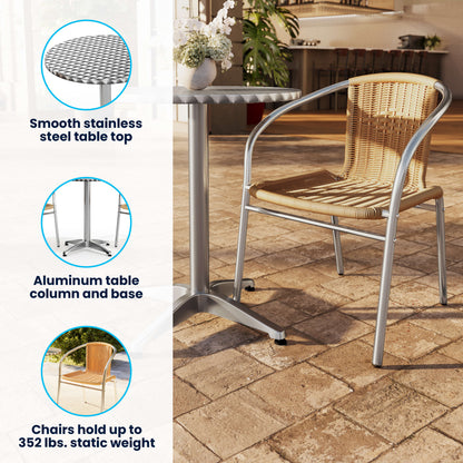 Flash Furniture TLH-ALUM-24RD-020BGECHR2-GG 23.5" Round Aluminum Indoor-Outdoor Table Set with 2 Beige Rattan Chairs - View 3