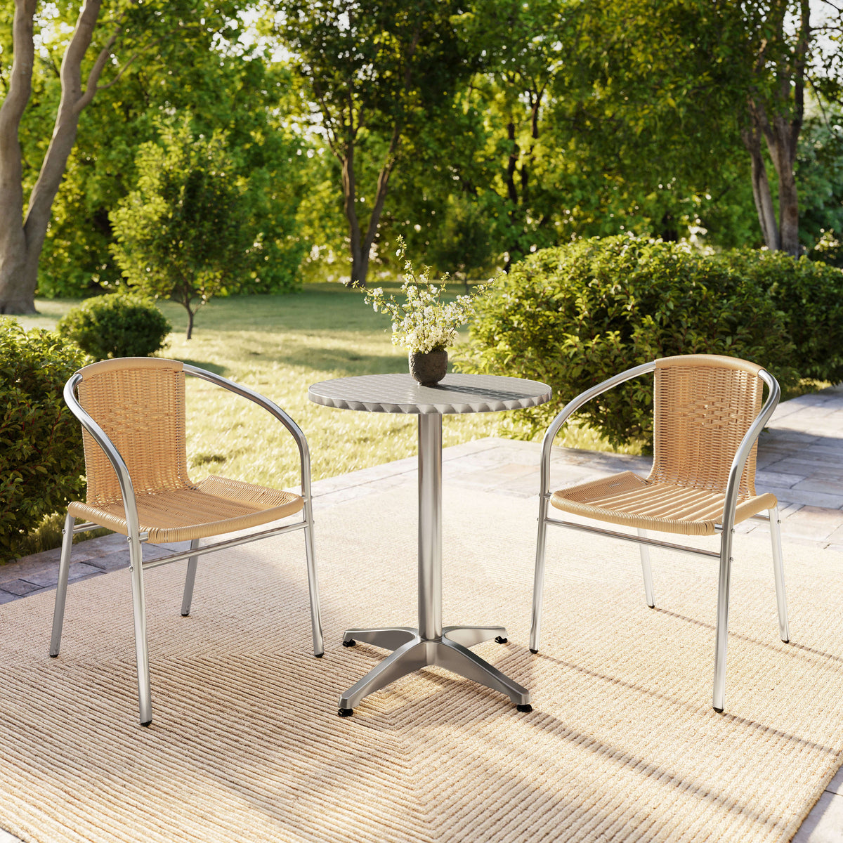 Flash Furniture TLH-ALUM-24RD-020BGECHR2-GG 23.5" Round Aluminum Indoor-Outdoor Table Set with 2 Beige Rattan Chairs - View 8