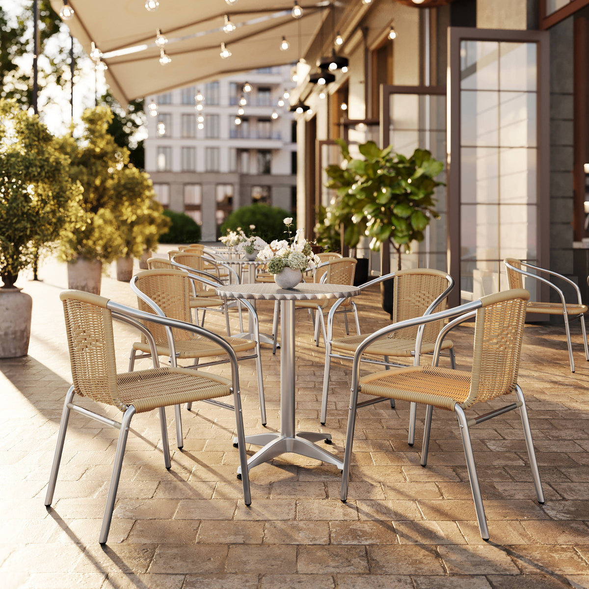 Flash Furniture TLH-ALUM-24RD-020BGECHR4-GG 23.5" Round Aluminum Indoor-Outdoor Table Set with 4 Beige Rattan Chairs - View 2