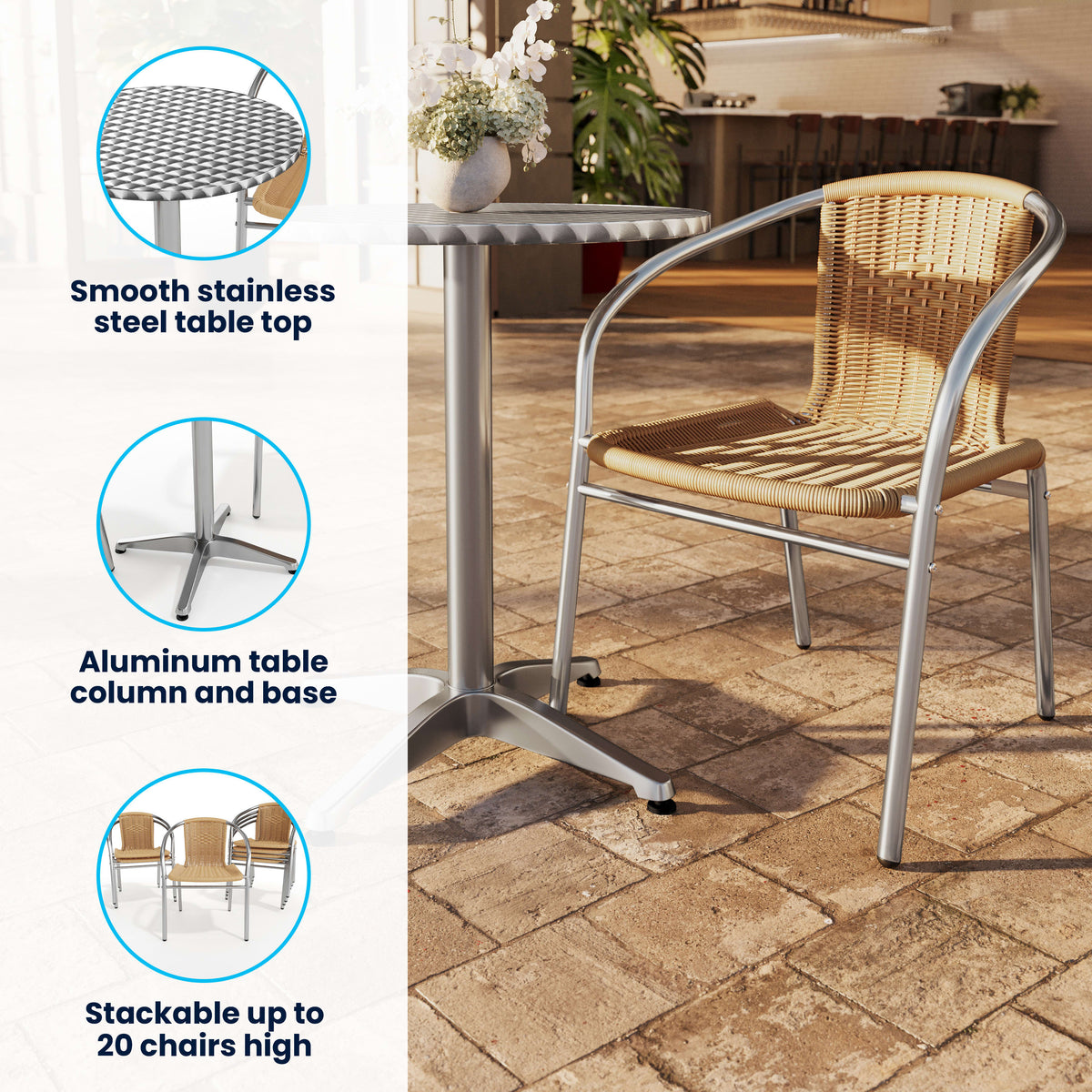 Flash Furniture TLH-ALUM-24RD-020BGECHR4-GG 23.5" Round Aluminum Indoor-Outdoor Table Set with 4 Beige Rattan Chairs - View 3