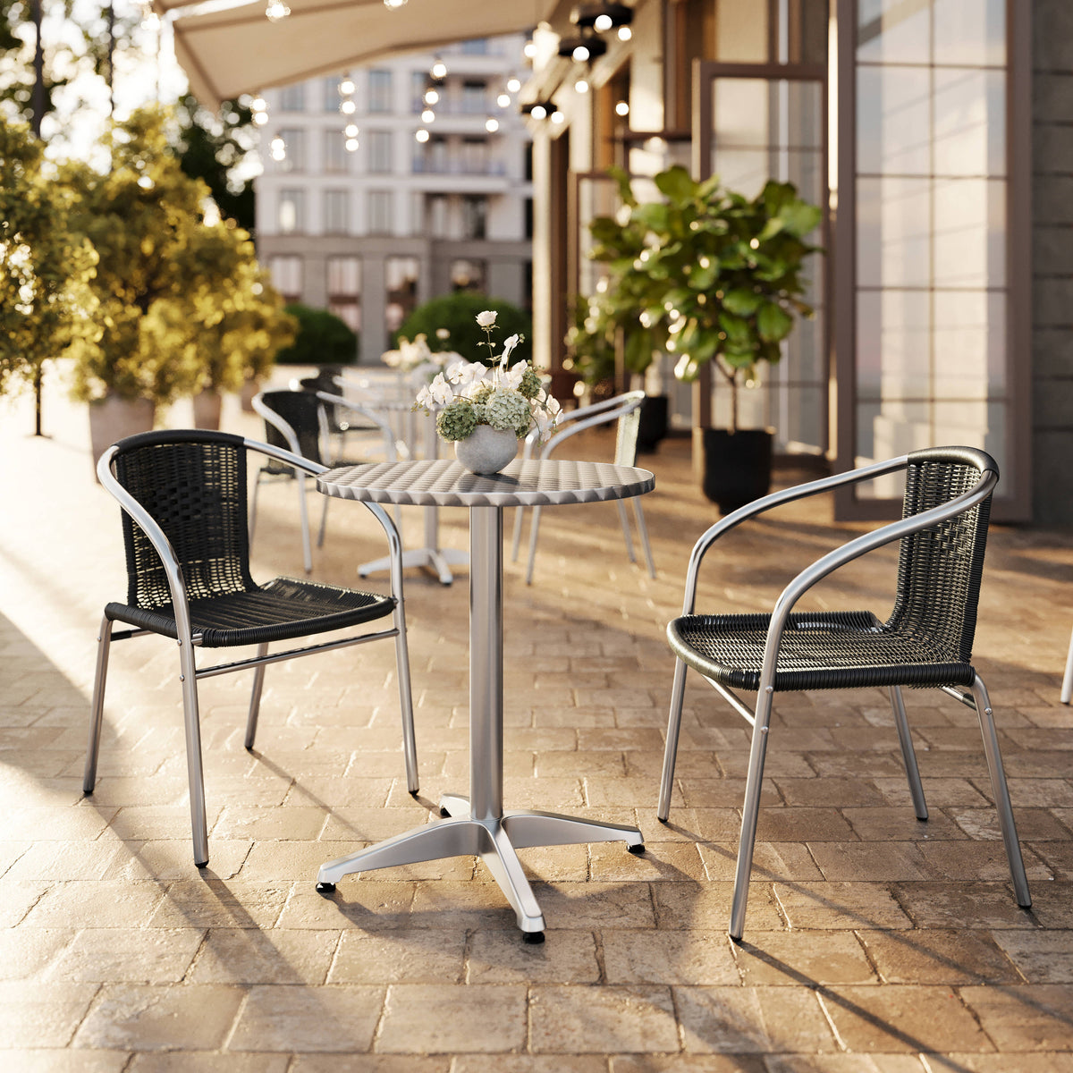 Flash Furniture TLH-ALUM-24RD-020BKCHR2-GG 23.5" Round Aluminum Indoor-Outdoor Table Set with 2 Black Rattan Chairs - View 2
